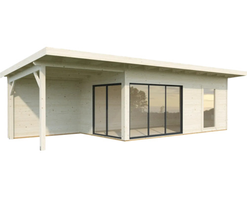 Holzgartenhaus mit Flachdach, Schiebetüren und Überdachung