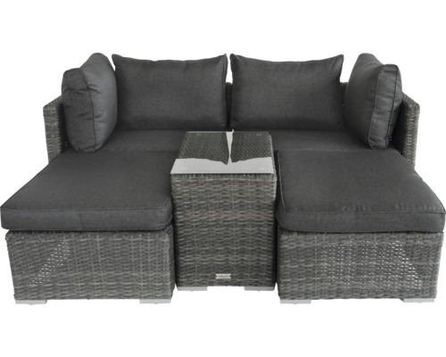 Graue Gartenlounge aus Rattan mit Polster und Tisch