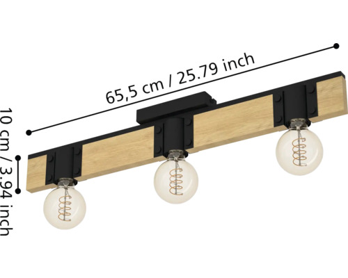 Deckenleuchte mit drei Leuchtmitteln, Abmessungen 65,5 cm mal 10 cm