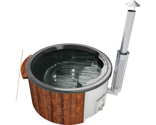 Aufstellbarer Whirlpool Buschbeck Saphir 180 mit Zirkulationspumpe, Luftdüsen, Holzofen und Isolierabdeckung anthrazit Holzbeheizter Badezuber mit Schornstein