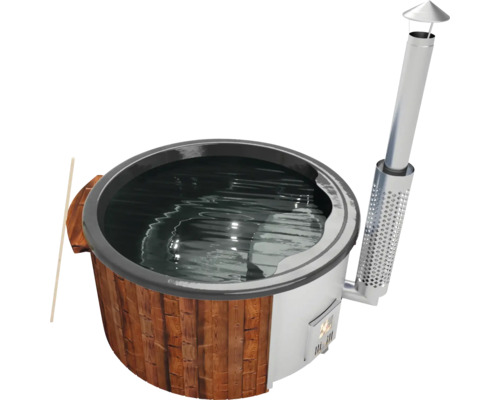 Aufstellbarer Whirlpool Buschbeck Saphir 180 mit Hydrodüsen, Holzofen und Isolierabdeckung anthrazit Holzbefeuerter Badezuber mit Schornstein