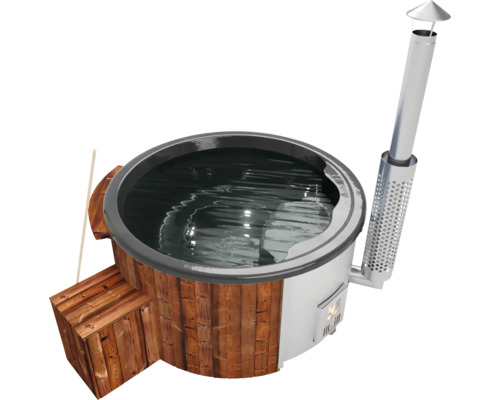 Aufstellbarer Whirlpool Buschbeck Saphir 180 mit Filterstystem, Hydrodüsen, Holzofen und Isolierabdeckung anthrazit Holzbefeuerter Badezuber mit Treppe und Schornstein