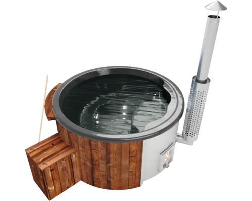 Aufstellbarer Whirlpool Buschbeck Saphir UV 180 mit Filterstystem, Hydrodüsen, Holzofen und Isolierabdeckung anthrazit Holz befeuerter Badezuber mit Edelstahlschornstein und Holzstufen
