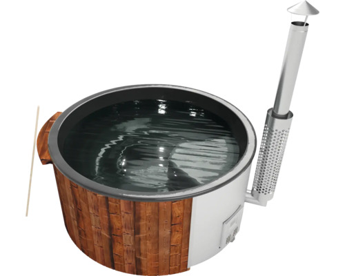 Aufstellbarer Whirlpool Buschbeck Saphir 200 mit Hydrodüsen, Holzofen und Isolierabdeckung anthrazit Holz befeuerter Badezuber mit Schornstein
