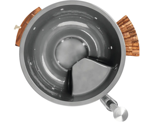 Draufsicht auf einen grauen Whirlpool mit Holzverkleidung