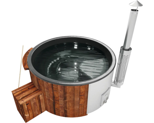 Aufstellbarer Whirlpool Buschbeck Saphir 200 mit Filterstystem, Hydrodüsen, Holzofen und Isolierabdeckung anthrazit Holzbefeuerter Badezuber mit Treppe und Schornstein