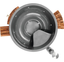 Runde Whirlpoolwanne mit Holzelementen und Innenaufteilung