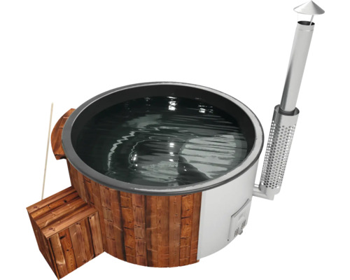 Aufstellbarer Whirlpool Buschbeck Saphir UV 200 mit Filterstystem, Hydrodüsen, Holzofen und Isolierabdeckung anthrazit Holzbefeuerter Badezuber mit Treppe und Schornstein