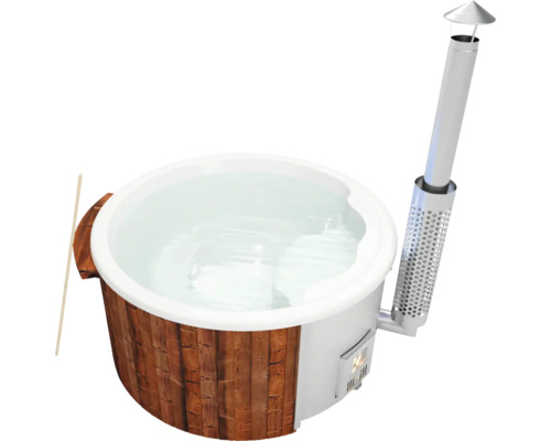 Aufstellbarer Whirlpool Buschbeck Saphir 180 mit Holzofen und Isolierabdeckung weiß Holzbefeuerter Badezuber mit Schornstein
