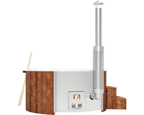 Holzbefeuerter Badezuber mit Schornstein, Holzverkleidung und Rührpaddel