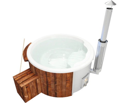 Aufstellbarer Whirlpool Buschbeck Saphir 180 mit Filterstystem, Hydrodüsen, Holzofen und Isolierabdeckung weiß Holzbeheizter Badezuber mit Treppe und Schornstein