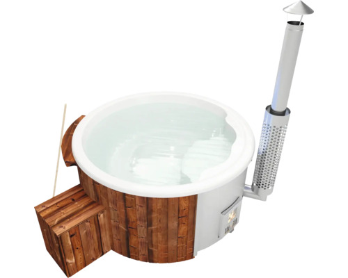Aufstellbarer Whirlpool Buschbeck Saphir UV 180 mit Filterstystem, Hydrodüsen, Holzofen und Isolierabdeckung weiß Holzbefeuerter Badezuber mit Treppe und Schornstein