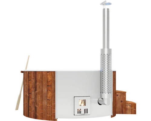 Holzofen-Whirlpool mit Edelstahlkamin und Holzverkleidung