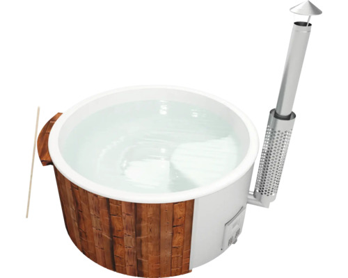Aufstellbarer Whirlpool Buschbeck Saphir 200 mit Hydrodüsen, Holzofen und Isolierabdeckung weiß Holzbeheizter Badezuber mit Wasser und Schornstein