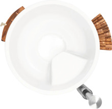 Weißer Futtertrog mit Holzdetails und Metallständer