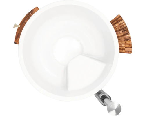 Weißer Futtertrog mit Holzdetails und Metallständer