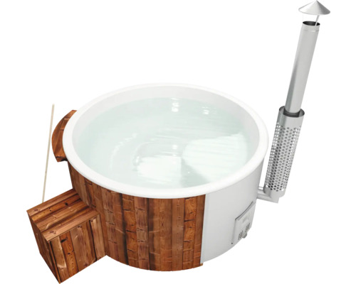 Aufstellbarer Whirlpool Buschbeck Saphir 200 mit Filterstystem, Hydrodüsen, Holzofen und Isolierabdeckung weiß Holzbeheizter Badezuber mit Treppe und Schornstein