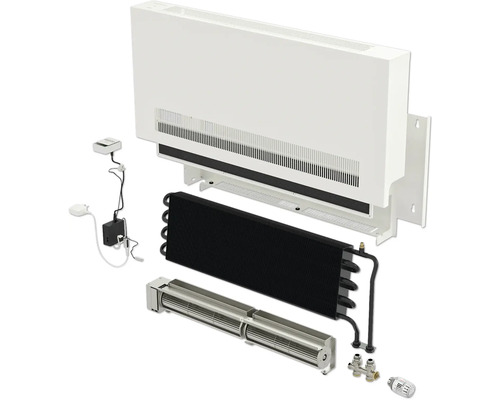 Explosionsdarstellung eines Heizkörperkonvektors mit Zubehör zur Raumheizung