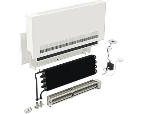 Querschnitt eines Heizkörper-Konvektors mit Heizregister, Lüfter und Zubehör