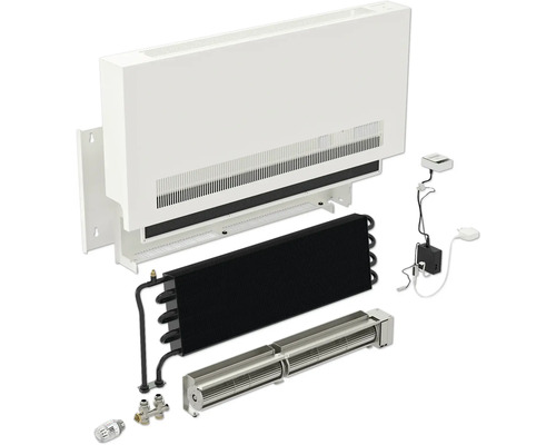 Explosionsdarstellung einer Heizkörper-Klimaanlage mit verschiedenen Komponenten