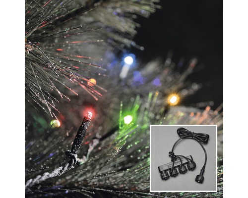 LED Systemlichterkette Basisset Konstsmide 9,9 m + Zuleitungslänge 6 m 100 LEDs Lichtfarbe bunt dimmbar Detailaufnahme einer Lichterkette mit mehrfarbigen LEDs und Stromverteiler