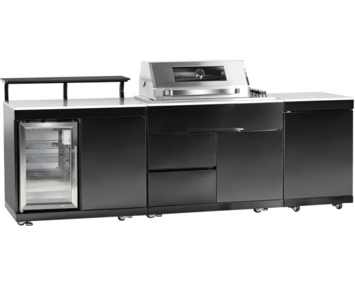 Moderne Outdoor-Küche mit Grill, Kühlschrank und Stauraum auf Rollen