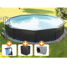 Achteckiger Stahlwandpool mit Leiter, Sandfilteranlage, Pool Wärmepumpe und Steinbach Logo