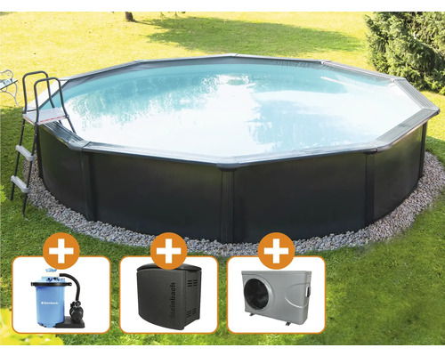 Achteckiger Stahlwandpool mit Leiter, Sandfilteranlage, Pool Wärmepumpe und Steinbach Logo