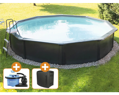 Aufgestellter Achtformpool mit Leiter, Sandfilteranlage und Poolheizung im Garten.