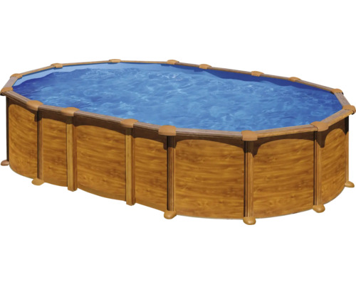 Aufstellpool Stahlwandpool-Set Gre oval 634x399x132 cm inkl. Sandfilteranlage, Skimmer, Leiter, Filtersand & Bodenschutzvlies Holzoptik