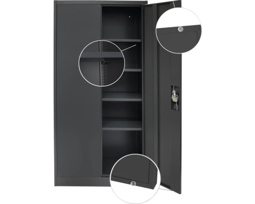 Stahlschrank mit offenen Türen und Regalen