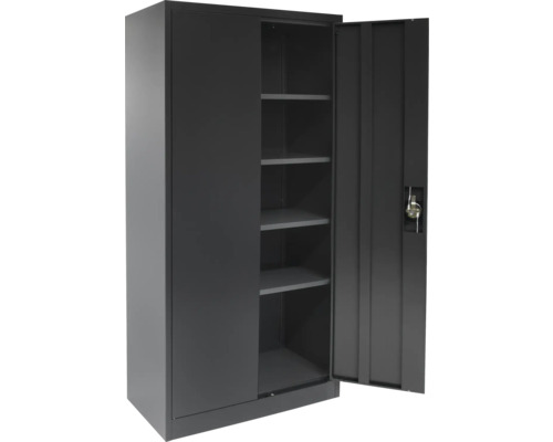 Stahlschrank mit zwei Türen und mehreren Regalböden