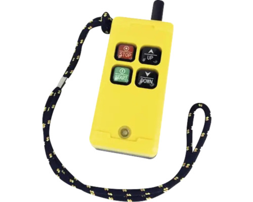 Gelbe Fernbedienung mit Tasten für Stopp, Start, Hoch und Runter