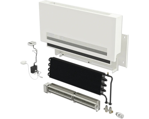 Explosionszeichnung eines Heizkörperkonvektors zur Wandmontage mit verschiedenen Komponenten