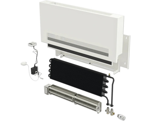 Demontierter Heizkörper zur Wandmontage, bestehend aus Gehäuse, Kühlkörper, Lüfter und Steuerung