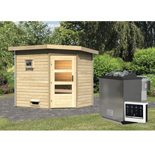 Holzsauna mit Ofen und Steuerung im Außenbereich
