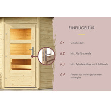 Einflügeltür aus Holz mit drei Fenstern und Aluminiumtürschwelle