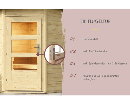 Einflügeltür aus Holz mit drei Fenstern und Aluminiumtürschwelle