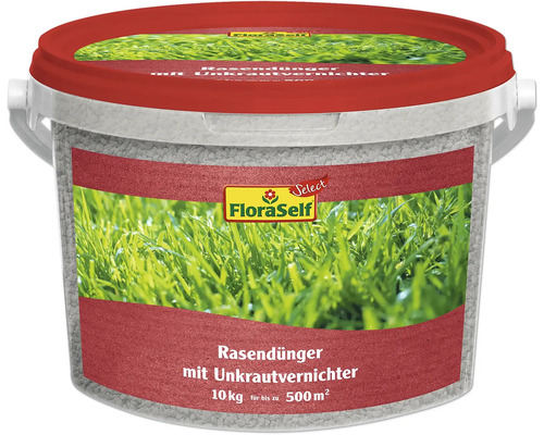 Rasendünger mit Unkrautvernichter FloraSelf Select 10 kg für ca. 500 m² Rasendünger mit Unkrautvernichter in einem Eimer von FloraSelf, 10 Kilogramm für bis zu 500 Quadratmeter
