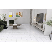 Helles Wohnzimmer mit Sofa, Sessel, Tisch und Fernseher