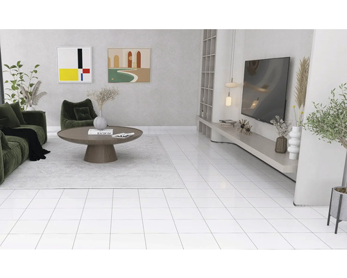 Helles Wohnzimmer mit Sofa, Sessel, Tisch und Fernseher