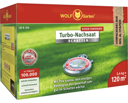 Rasensamen WOLF-Garten Turbo-Nachsaat Schatten LR-S 120 , Rasensanierung 2,4 kg 120 m²