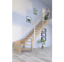 Holztreppe mit Edelstahlgeländer in einem hellen Raum mit Bildern an der Wand