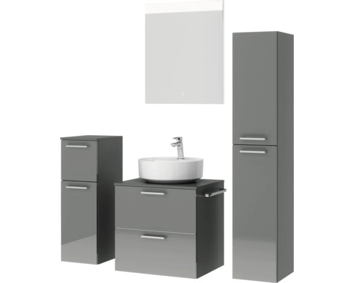 Badezimmer-Set mit Waschbecken, Waschtischunterschrank, Spiegelschrank und Hochschrank