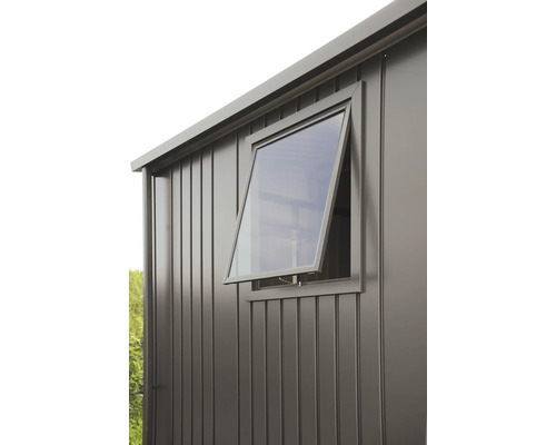 Fenster Biohort GHH/GHP/GHA 50 x 60 cm quarzgrau-metallic Detailansicht eines Gartenhauses mit geöffnetem Fenster