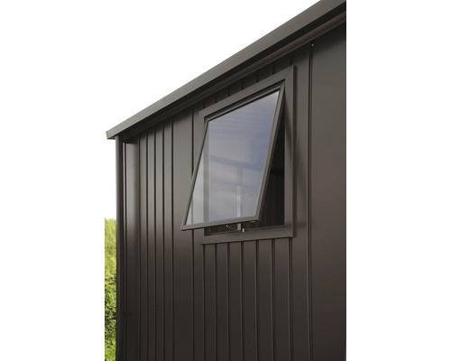 Fenster Biohort GHH/GHP/GHA 50 x 60 cm dunkelgrau-metallic Gartenschuppen-Fassade mit geöffnetem Fenster