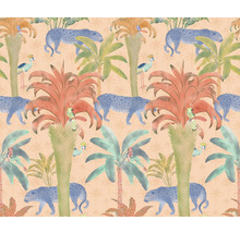 Illustration mit Dschungelmotiven, darunter Palmen, Leoparden und tropische Vögel.