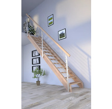 Holztreppe mit Edelstahlgeländer in hellem Raum