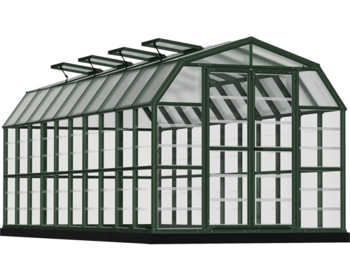 Gewächshaus mit Regalen und Dachfenstern