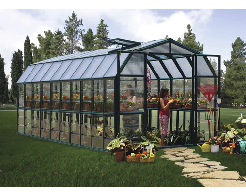 Gewächshaus mit Pflanzenregalen und Gartenutensilien im Garten.